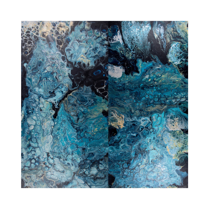 Abstract fluid art in turquoise, blue and white with flowing organic patterns inspired by water - original artwork by Samantha March