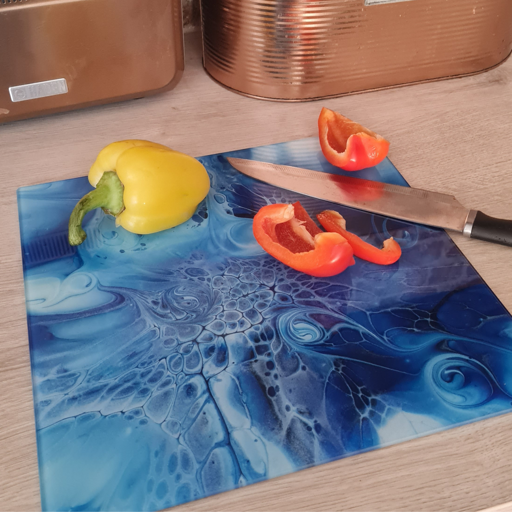Blue Spiral Glass Chopping Board – Square