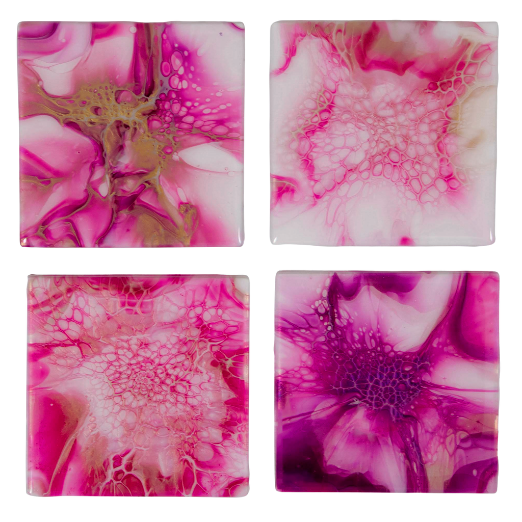 Hand Painted Pink and Gold Dahlia Tile Coaster