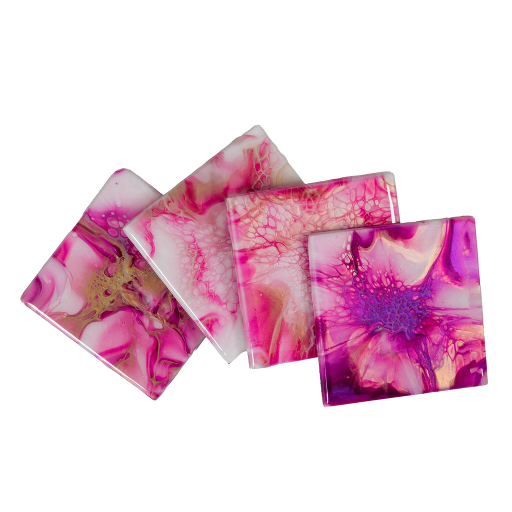 Hand Painted Pink and Gold Dahlia Tile Coaster